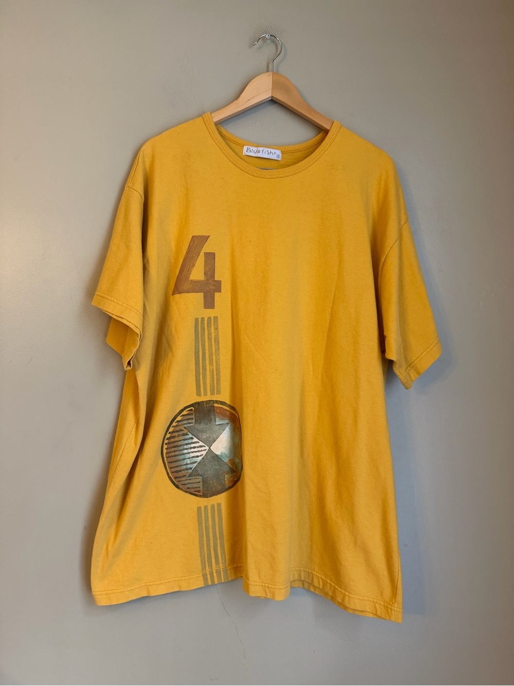 Blue Fish Sz2 Yellow 100% Cotton Art T- Shirt Tunic USA Vintage 90’s Handpainted